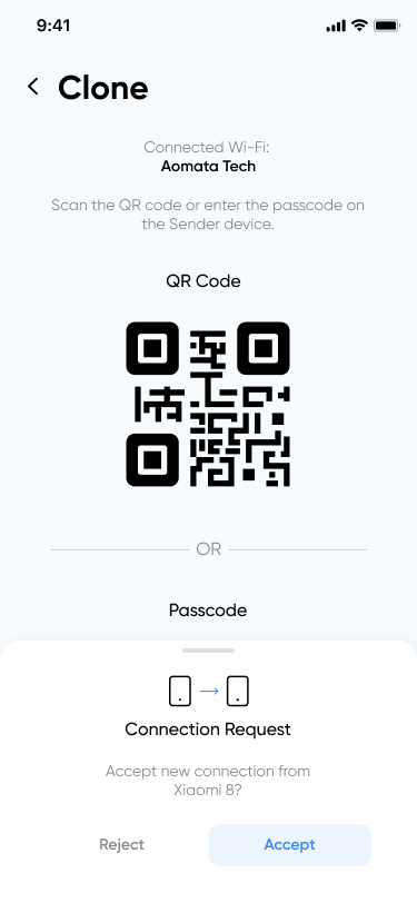 Connection request screen of Clone feature showing a QR code and a button to accept the request.